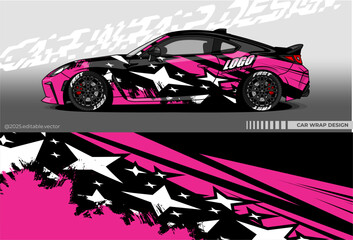 Car wrap design vector with black pink colour. Abstract star decal livery. Sticker vinyl body car. Suitable for racing, drift, rally or daily use