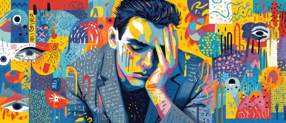 Anxious adult man with colorful abstract background expressing mental health issues, depression, and emotional stress in a vibrant artistic style