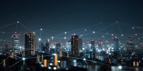 Nighttime city skyline with glowing buildings and digital connection symbols representing technology and networking in an urban landscape