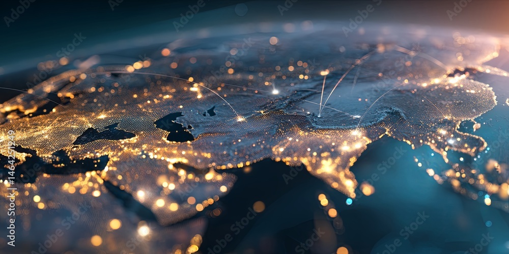 Aufkleber Illuminated World Map with Bright City Lights and Artistic Digital Glow Effect Representing Global Connectivity and Urban Life at Dusk