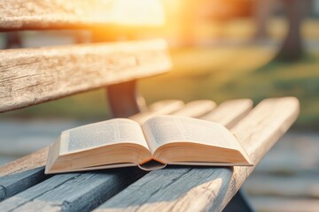 Obraz premium Open book resting on a wooden bench in soft sunlight. Golden hour lens flare concept.