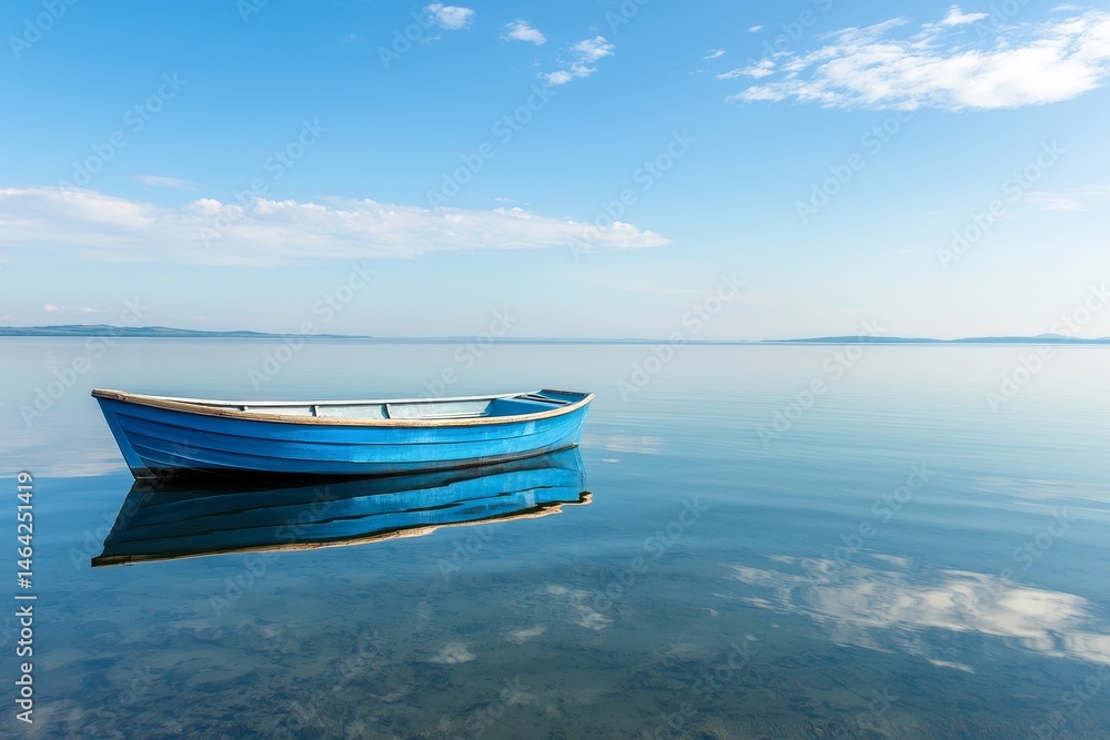 Poster calm blue boat floating on serene water under a clear sky. reflection and mirroring visual depth con