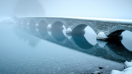 Stone bridge over serene water, enveloped in winter's mist