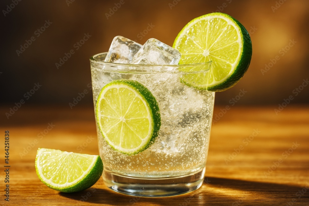 Poster refreshing cocktail with lime slices and ice cubes in a glass on a wooden table with warm light and 