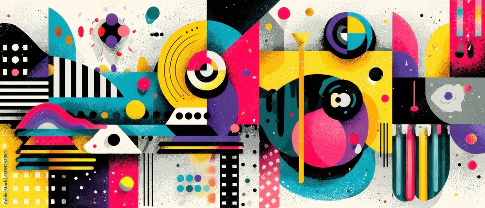 Poster vibrant geometric abstract art with bold colors and playful shapes creating a modern and dynamic bac