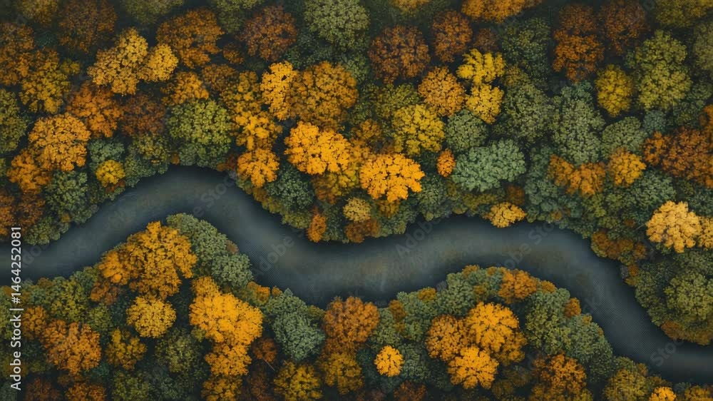 Poster tranquil river meanders through a dense forest displaying vibrant autumn foliage in an aerial perspe