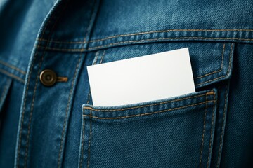 Blank white business card mockup in denim shirt pocket with clean branding concept on fabric background under natural light close-up detail shot.