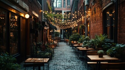 Fototapeta premium A charming urban alleyway lined with restaurants and shops, adorned with string lights and greenery. Outdoor seating is offered amidst the brick buildings