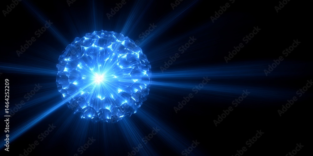 Poster Blue Luminescent Sphere Radiating Light and Energy with Bright Rays Illuminating Dark Space in a Stylish Abstract Design for Science and Technology