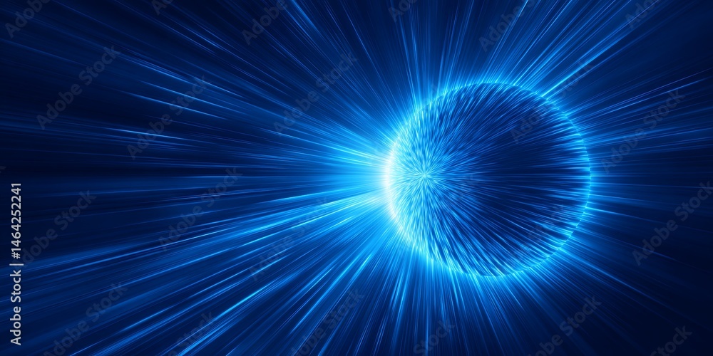 Poster Blue Luminescent Sphere Radiating Light and Energy with Bright Rays Illuminating Dark Space in a Stylish Abstract Design for Science and Technology