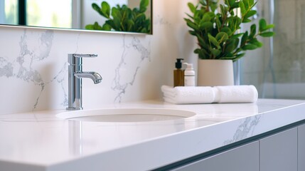 Modern bathroom sink and faucet showing luxurious marble countertop