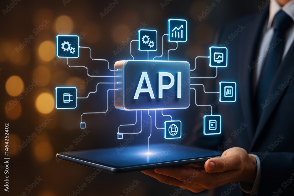 Poster API integration concept with glowing digital icons and technology connections emerging from tablet device in business environment on dark background.