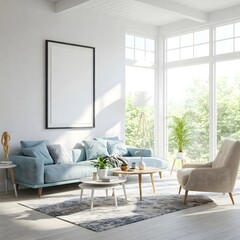 Frame mockup, ISO A paper size. Living room wall poster mockup. Interior mockup with house background. Modern interior design. 3D render