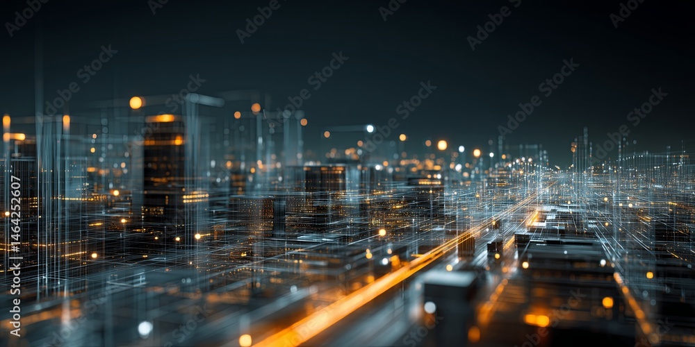 Poster futuristic urban cityscape at night with digital elements representing technology and data transform