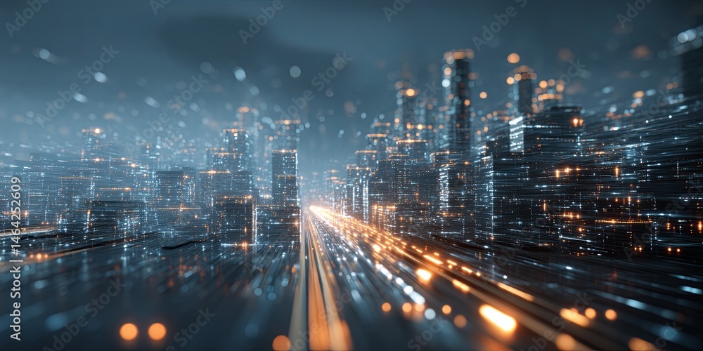 Poster futuristic urban cityscape at night with digital elements representing technology and data transform