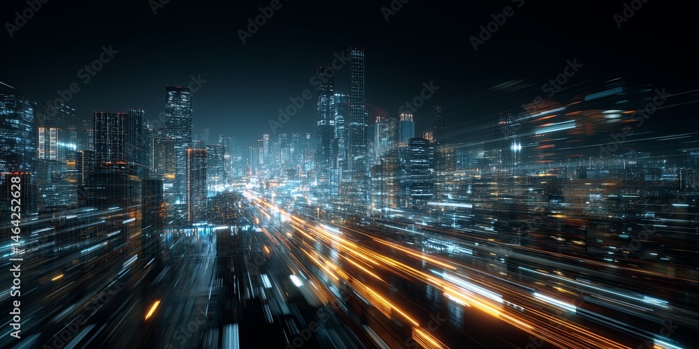 Poster Futuristic Urban Cityscape at Night with Digital Elements Representing Technology and Data Transformation in a Connected World