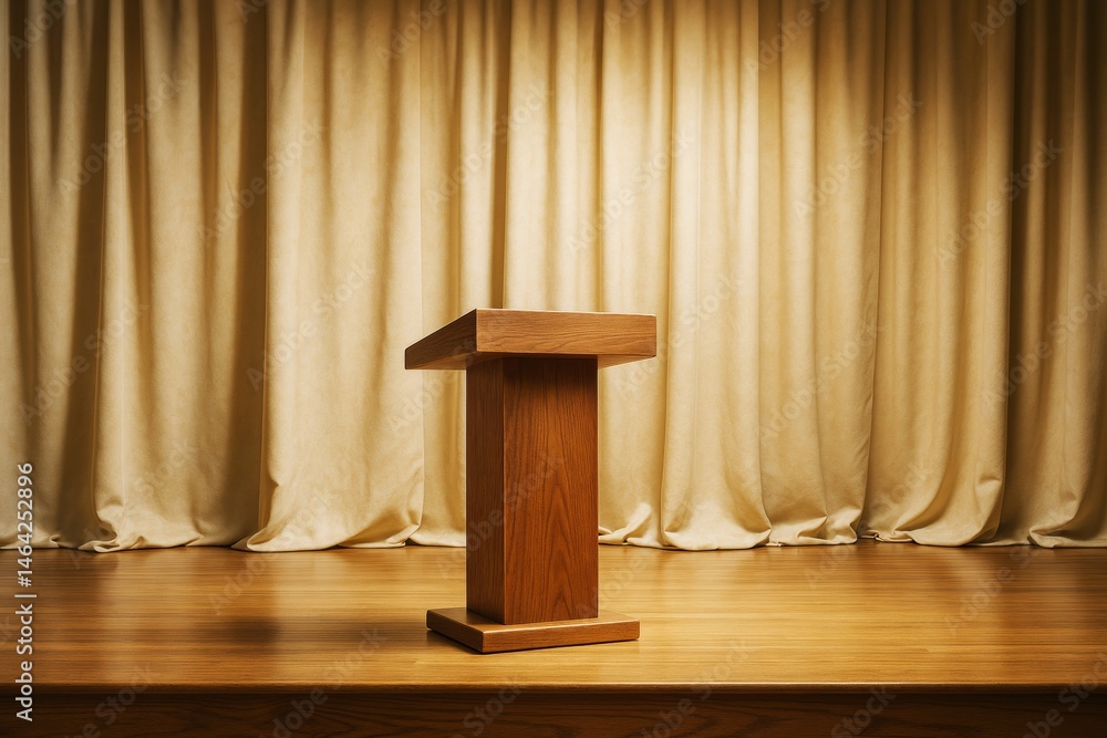Poster wooden podium on empty stage with curtains and warm lighting in modern minimal interior background c