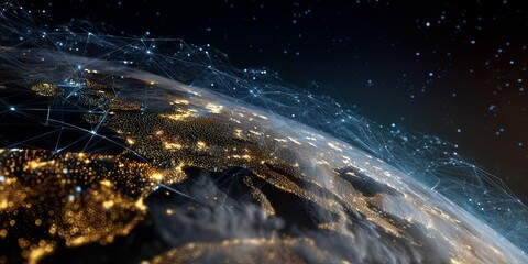 Abstract representation of network connections over planet Earth showcasing a vibrant digital landscape with starry night sky and glowing nodes