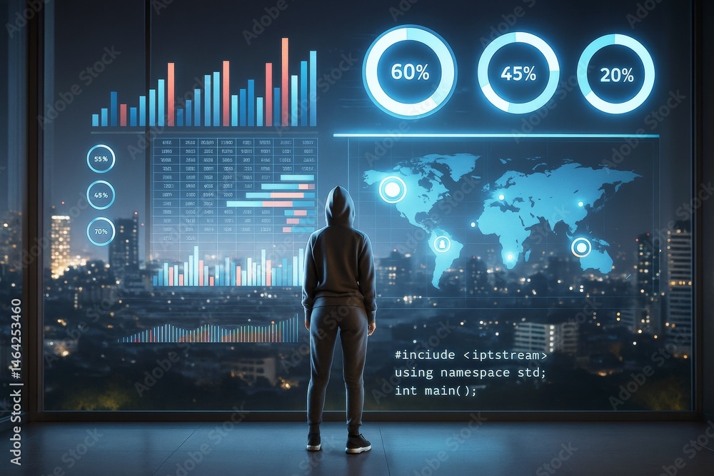 Aufkleber Person in hoodie viewing digital interface with global data visualizations and analytics charts in city night background from rear view perspective.