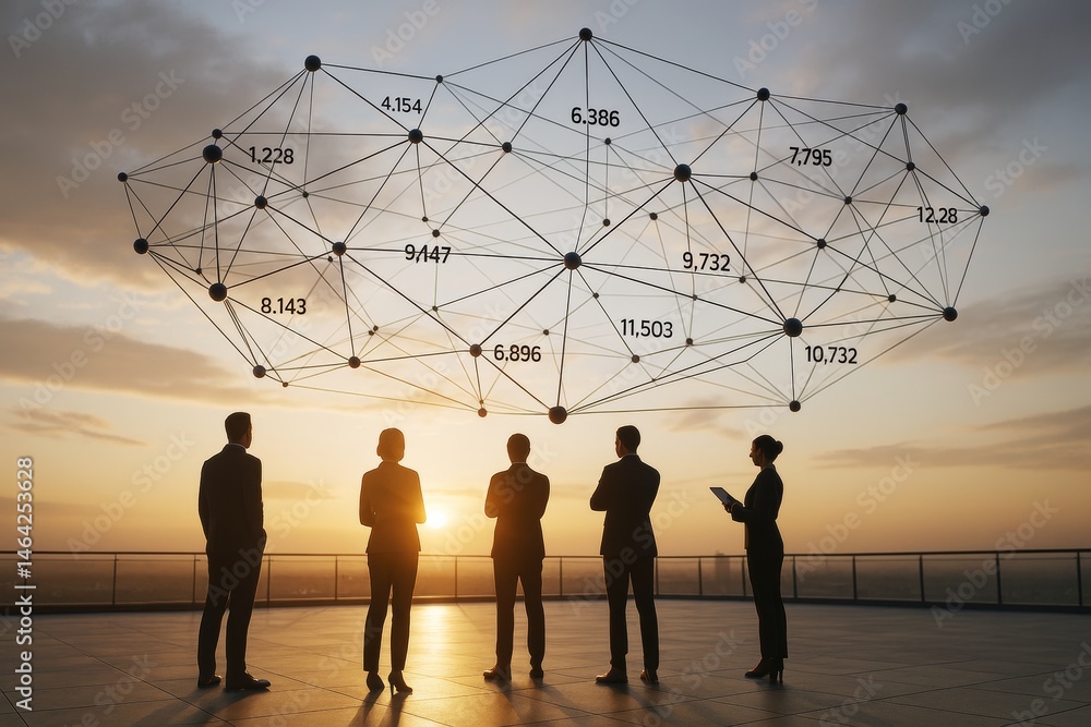 Poster Businesspeople analyzing network connections at sunset with data linking points in cloud structure above their heads on rooftop background concept.
