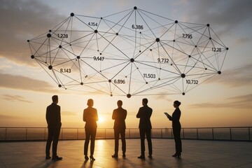 Businesspeople analyzing network connections at sunset with data linking points in cloud structure above their heads on rooftop background concept.