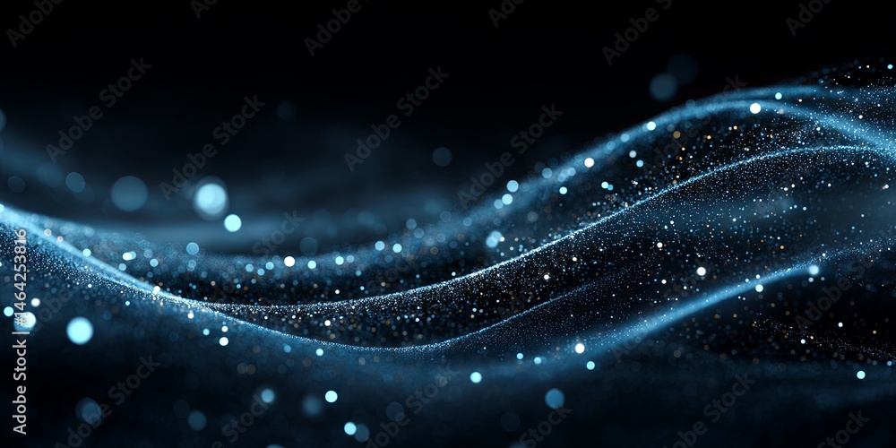 Poster bright blue wave with sparkles and glowing particles on dark background for creative and abstract de