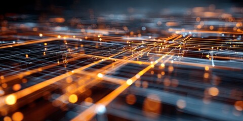 Abstract Digital Data Visualization with Glowing Lines and Grids in a Futuristic Technology Environment Representing Information Flow and Connectivity