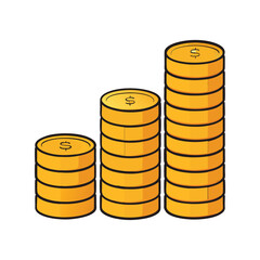 Three stacks of golden coins vector illustration. money growth concept, investment, finance, wealth, business, economy, savings, growth