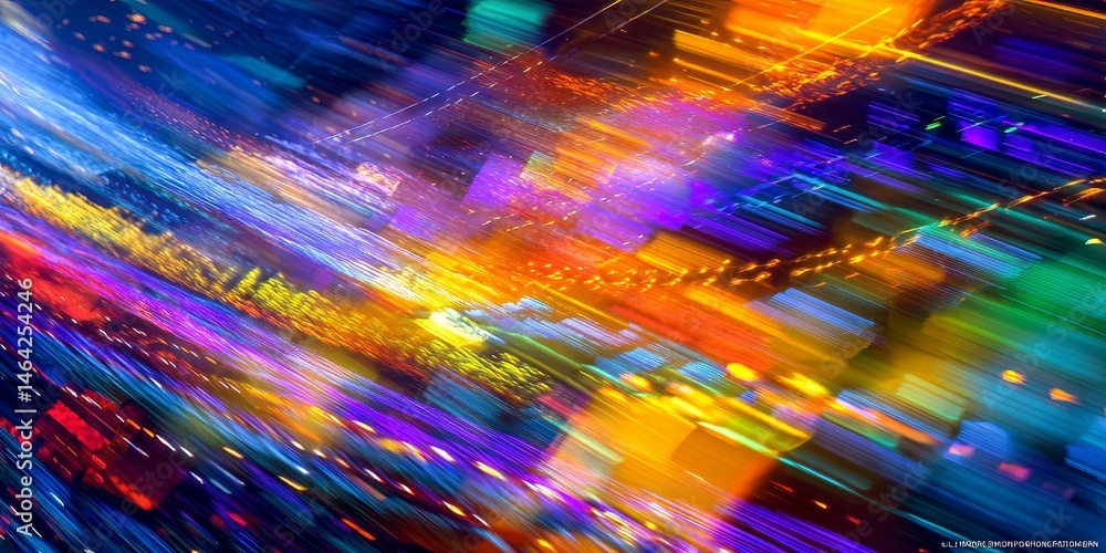 Poster Vibrant Abstract Digital Art with Colorful Pixels and Light Trails Creating a Dynamic Motion Effect for Modern Backgrounds