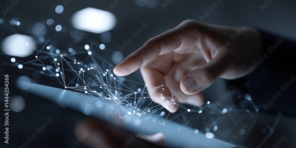 Poster Hand of a business professional creating a digital network connection diagram with a tablet in a modern office environment, showcasing technology and innovation