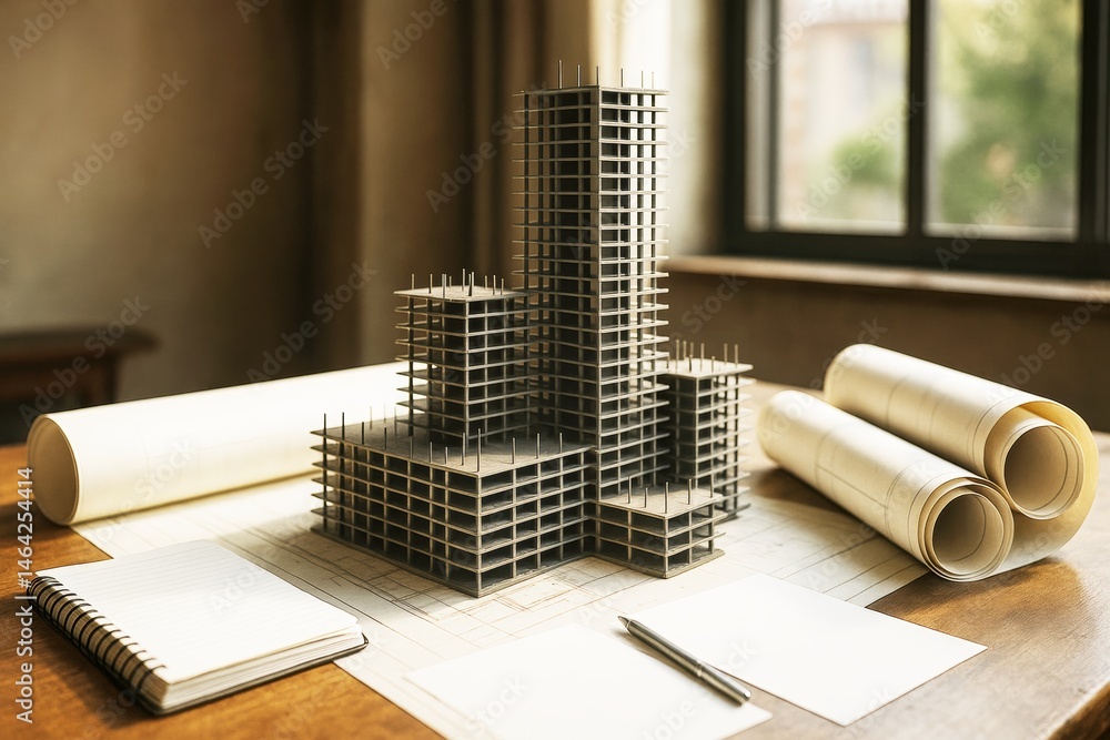 Poster architectural office desk with building model, blueprints, and planning materials illuminated by nat