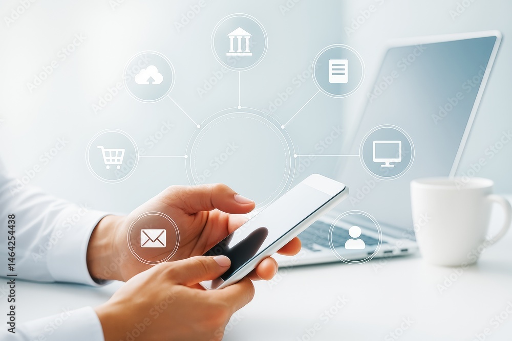 Aufkleber Person using smartphone with digital business icons in bright office environment illustrating mobile technology and virtual networking concept.