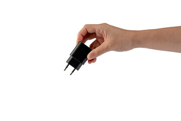 Hand and USB cables adapter, USB type A C universal plug cable, mobile phone accessory charger on transparent background.