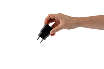 Hand and USB cables adapter, USB type A C universal plug cable, mobile phone accessory charger on transparent background.