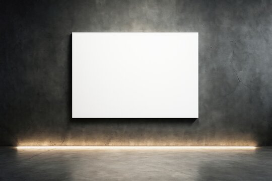 Blank white canvas mockup on dark concrete wall with underglow lighting in empty gallery room for modern exhibition or presentation concept.