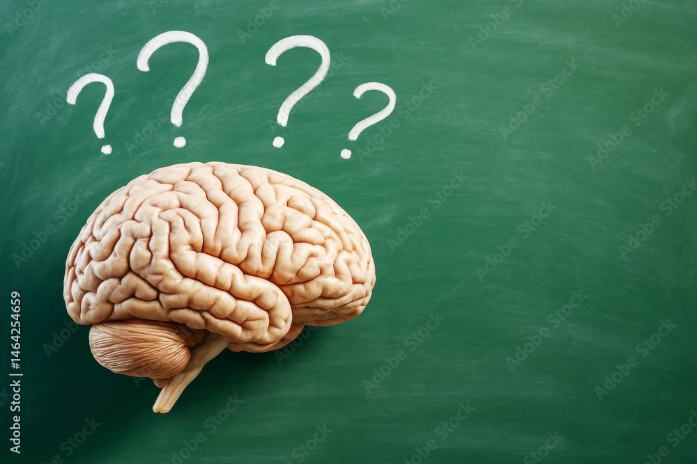 Aufkleber Human brain with question marks above it on chalkboard background symbolizing curiosity, problem solving and brainstorming concept in school setting.