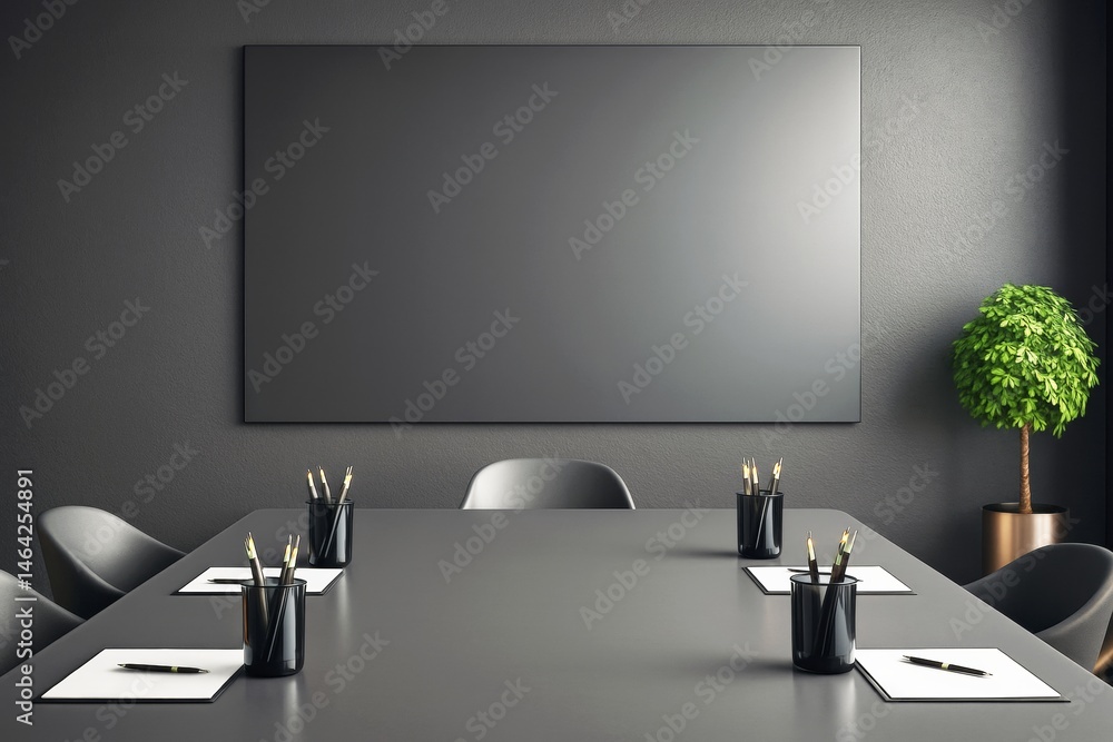Poster modern conference room with blank dark poster frame above meeting table setup for corporate presenta