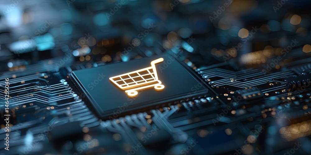 Poster Digital Shopping Experience with Virtual Cart Icon on Futuristic Circuit Background for E-commerce and Technology Themes