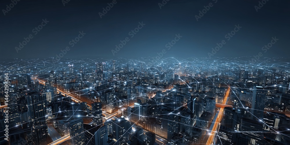 Aufkleber aerial view of a futuristic cityscape at night illuminated by vibrant lights and digital networking 
