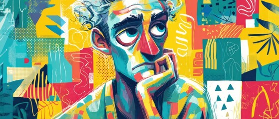 Colorful artistic portrait of a thoughtful adult man with hand on chin, expressing contemplation and introspection against a vibrant abstract background