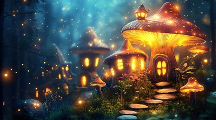 Obraz premium Fantasy mushroom houses in a magical forest