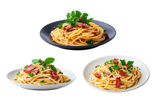 Plates of delicious spaghetti carbonara Italian bundle