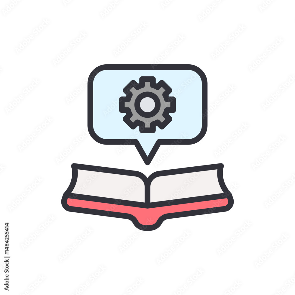 Poster open book with cogwheel in speech bubble representing knowledge and technology