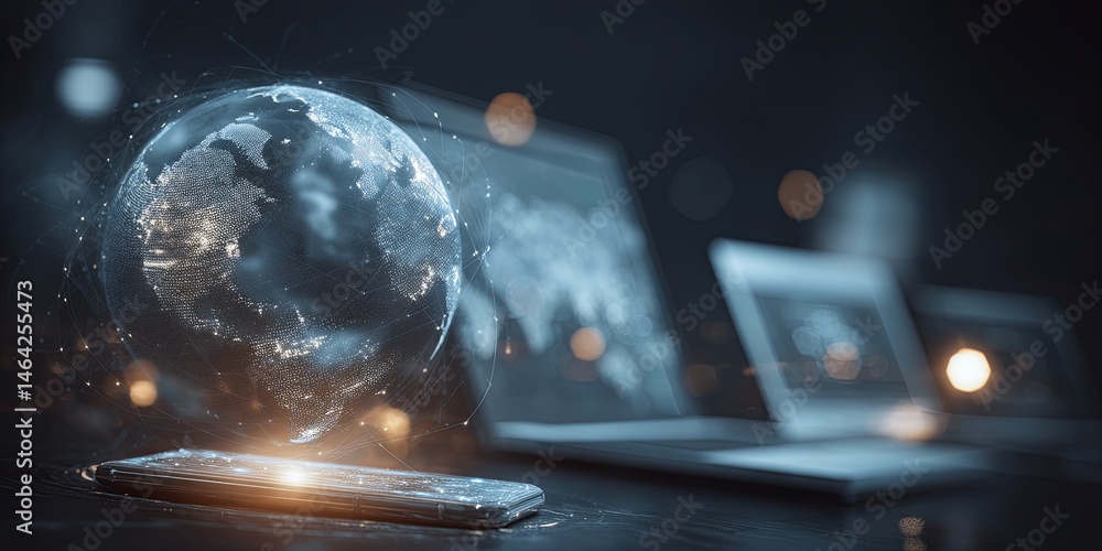 Poster modern business technology innovation concept featuring a smartphone and laptops with virtual globe 