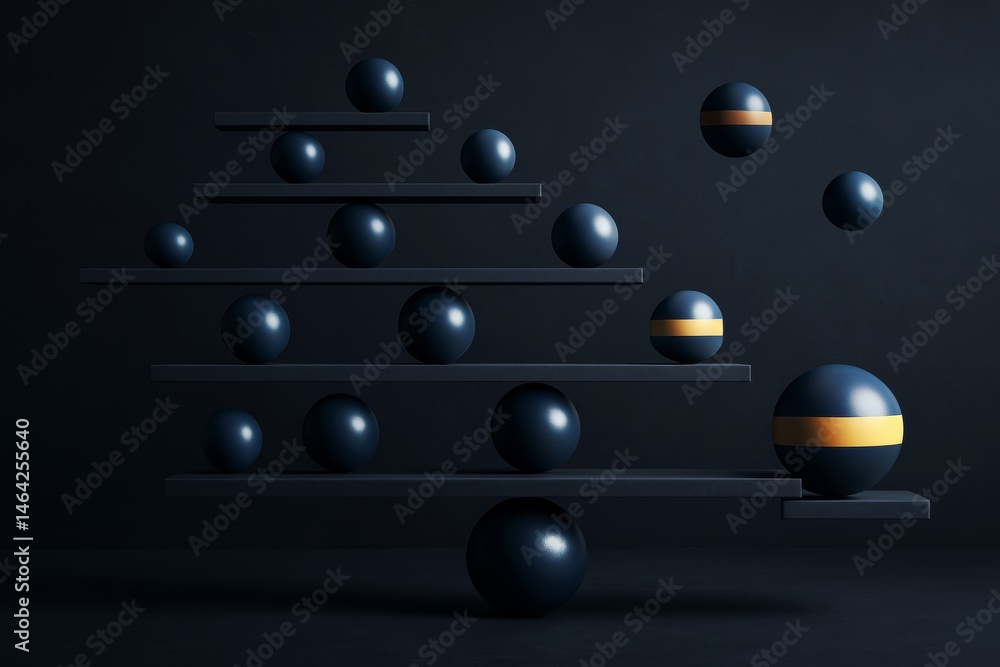 Poster Abstract dark geometric composition of spheres balancing on planks with soft light on a minimal background illustrating modern balance concept.
