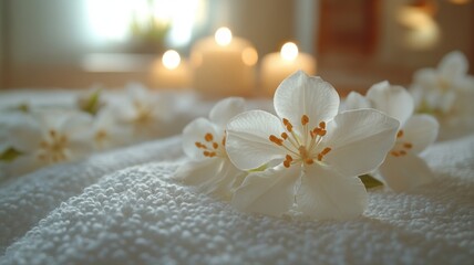 Spa Still Life with White Flowers and Candles on Towel spa towel candles wellness relaxation jasmine