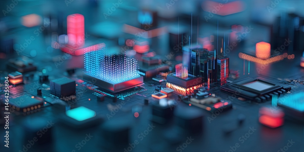 Aufkleber Abstract illustration of digital technology with devices and data visualization in modern graphic design against a vibrant blue background