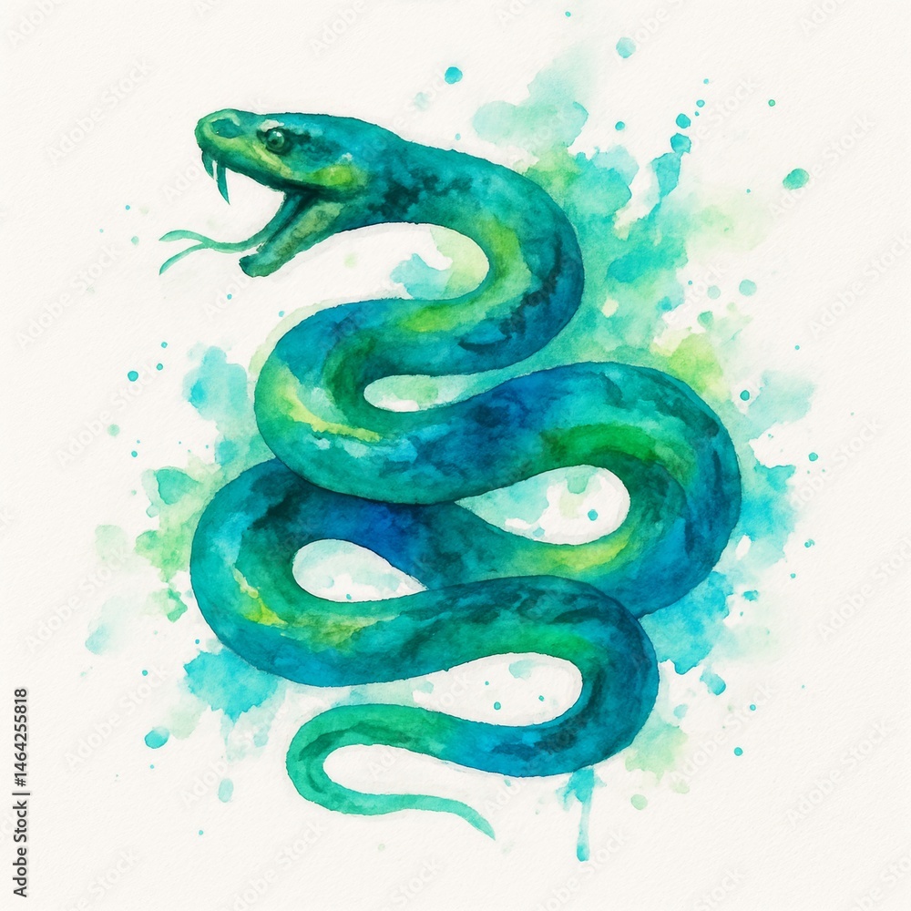 Poster vibrant watercolor painting of a green and blue snake with open mouth on light artistic background s