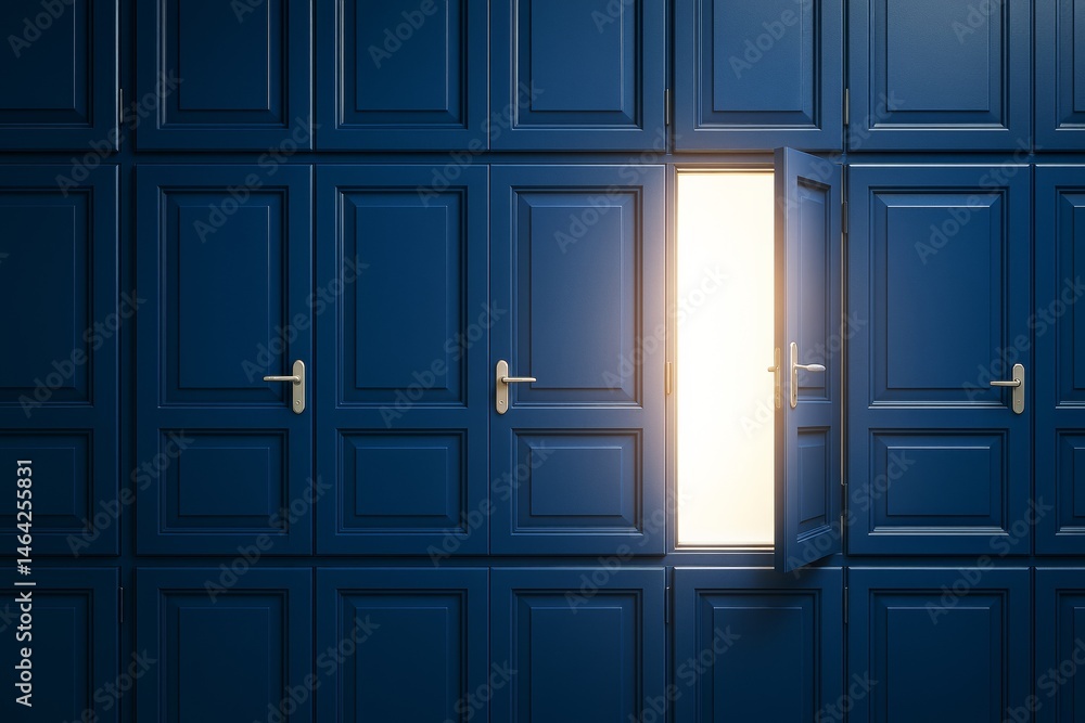 Poster multiple closed blue doors with one door open revealing bright light, symbolizing opportunity and ch