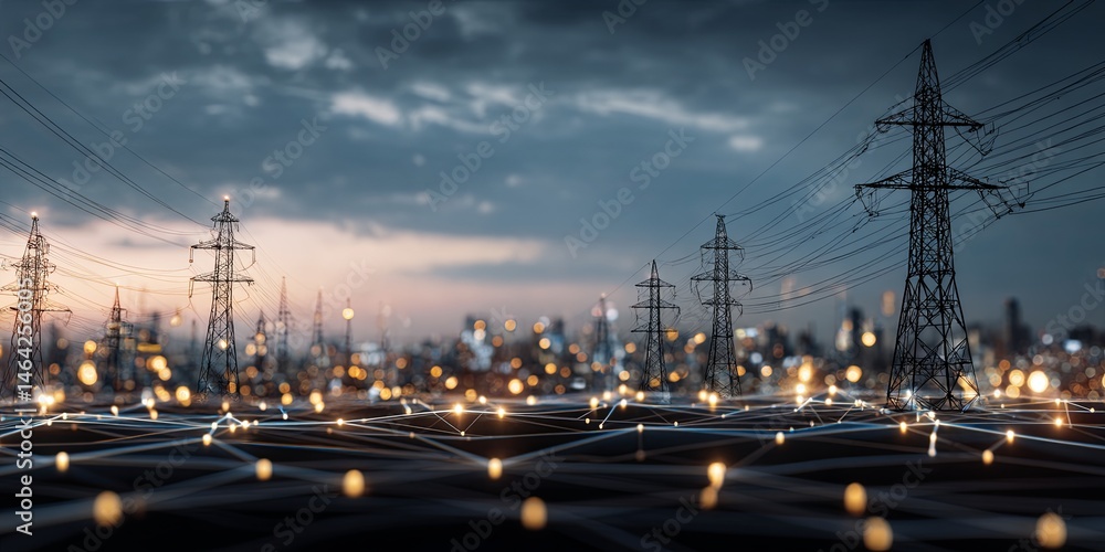 Poster Electric Power Grid Modern Technology Concept with Power Lines and Cityscape in Evening with Connected Dots Representing Data Flow and Network Communication